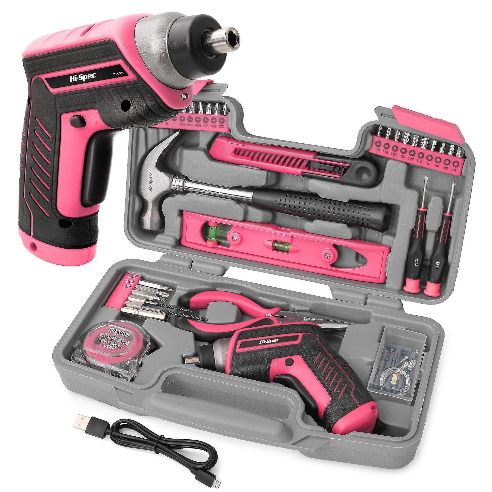 Pink 4V Electric Screwdriver - Multifunction Cordless Drill Driver with Complete Kit of Tools and Accessories - Storage Case with Hammer, Pliers, Dril