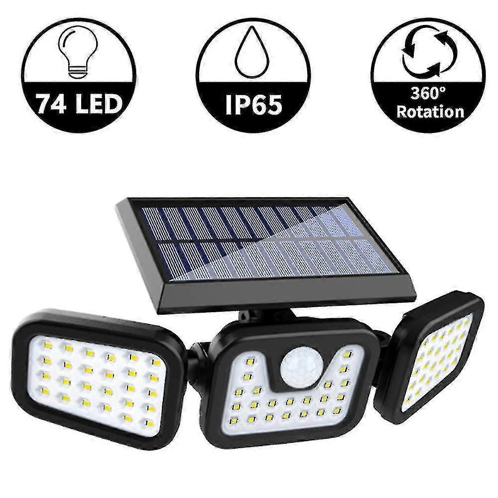 Solar Security Lights, 3 Head Motion Sensor Lights Adjustable 74 Led