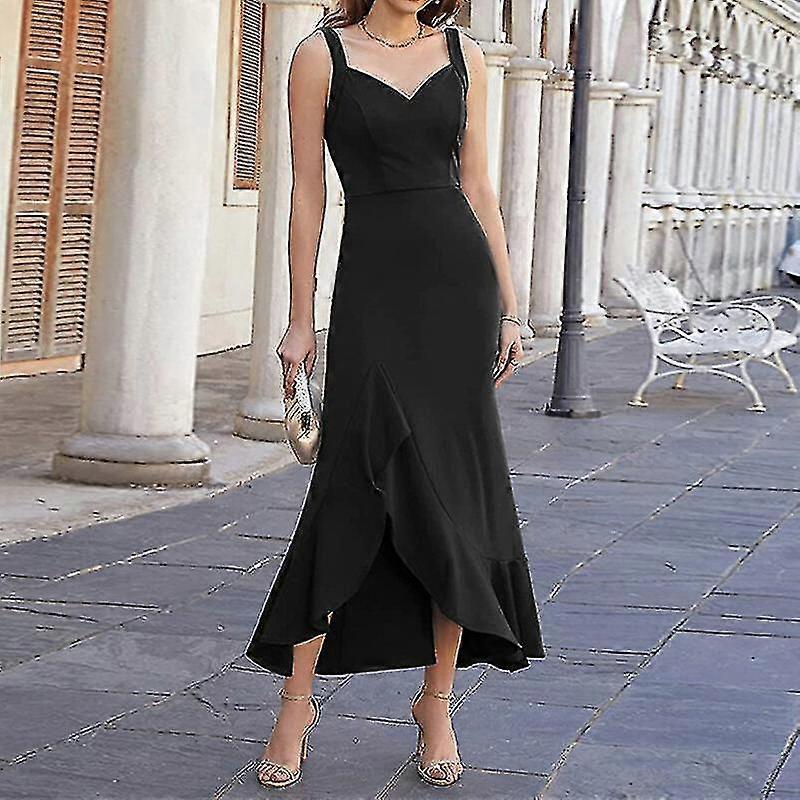 Ladies Solid Color Slip Dress Split Evening Gown Ruffle Sleeveless Long Maxi Dresses