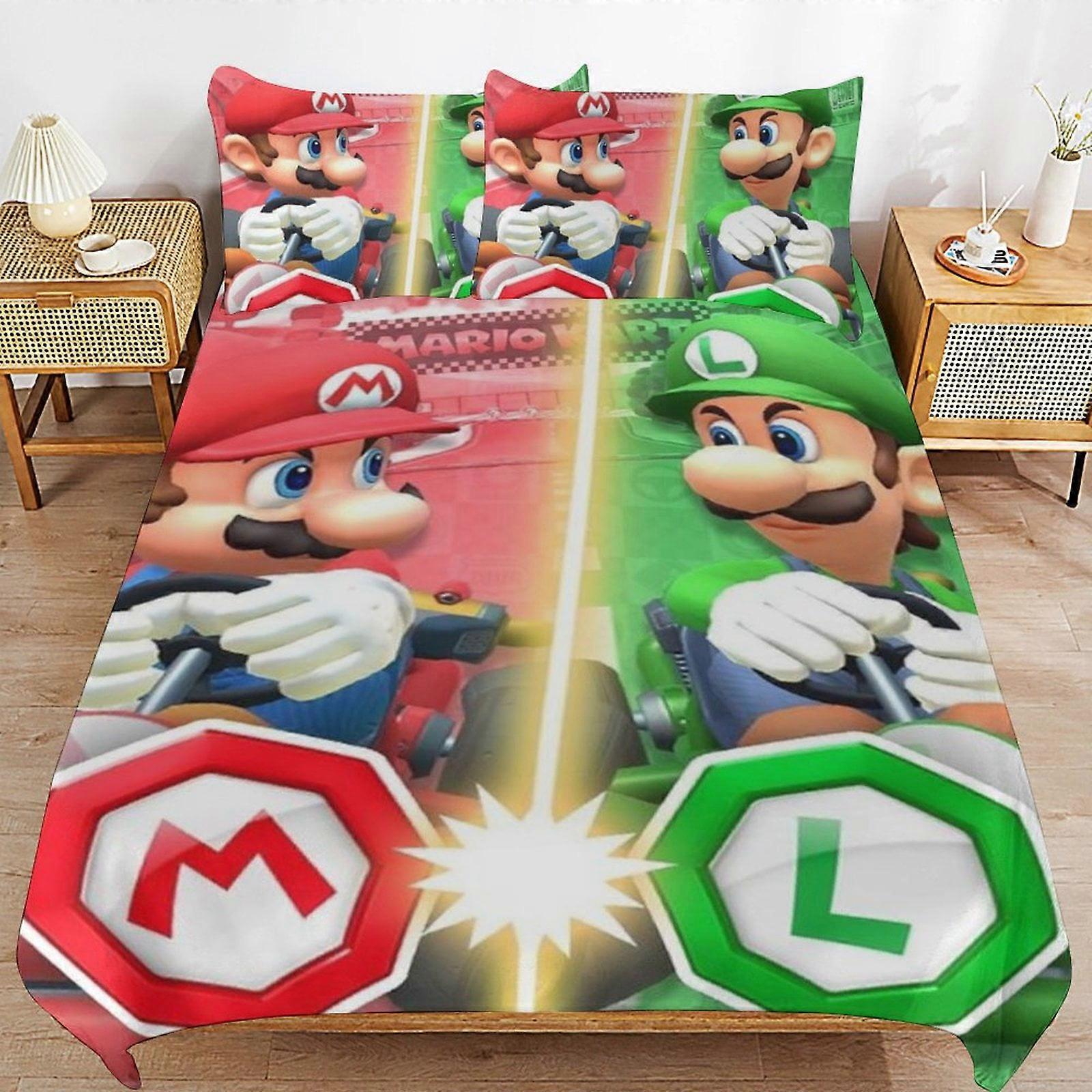 Komplet pościeli ZM453 Super Mario 3-częściowy zestaw kołder, zestaw poszewek na kołdrę z miękkiej mikrofibry z zapięciem na zamek błyskawiczny, 1 poszwa na kołdrę + 2 poszewki na poduszki TS453