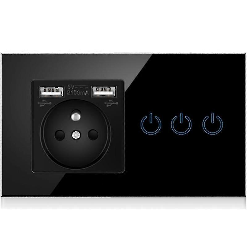 Touch Switch With Eu Power Outlet Socket, Usb Charger 5v/2.1a, Black Glass Panel French Wall Electrical Socket 100v~250v