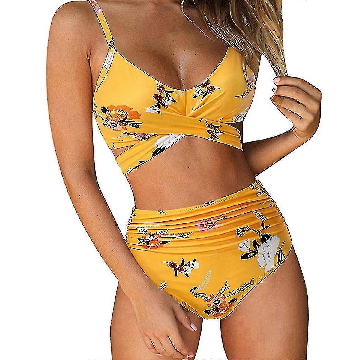 Badkläder Kvinnor Hög Midja Baddräkt Push Up Bikini Kvinna Gula Korset Bandage Baddräkt Kvinna Bikini Set