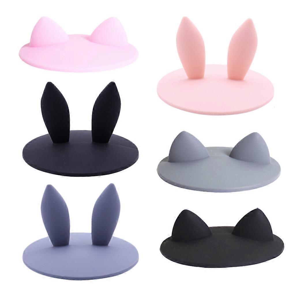 6PCS Leakproof Cartoon Ear Design Silicone Cup Lids Dustproof Round Suction Sealed Mug Covers (Random Pattern)