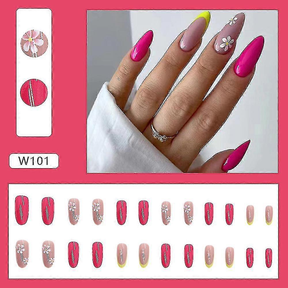 Pequenas Flores Unhas Falsas 24pcs Cobertura Completa Doce Estilo Longo Rosa Prensa Sobre As Unhas