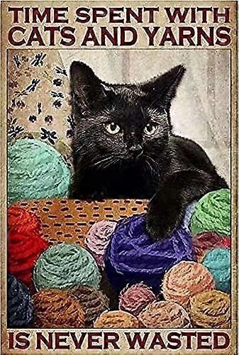 علامة معدنية من القصدير القطط الخياطة أسلوب الحياكة ، القط الحياكة الغزل الرجعية الملصق ، خمر القهوة وبار جدار الفن ديكور الحديد اللوحة 8X12 بوصة القط الحياكة 