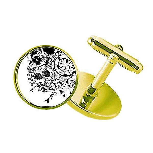 花の黒、白、アート、グレイン、アウトライン、スタッズ付き、ビジネス、金属、カフスボタン、ゴールデン