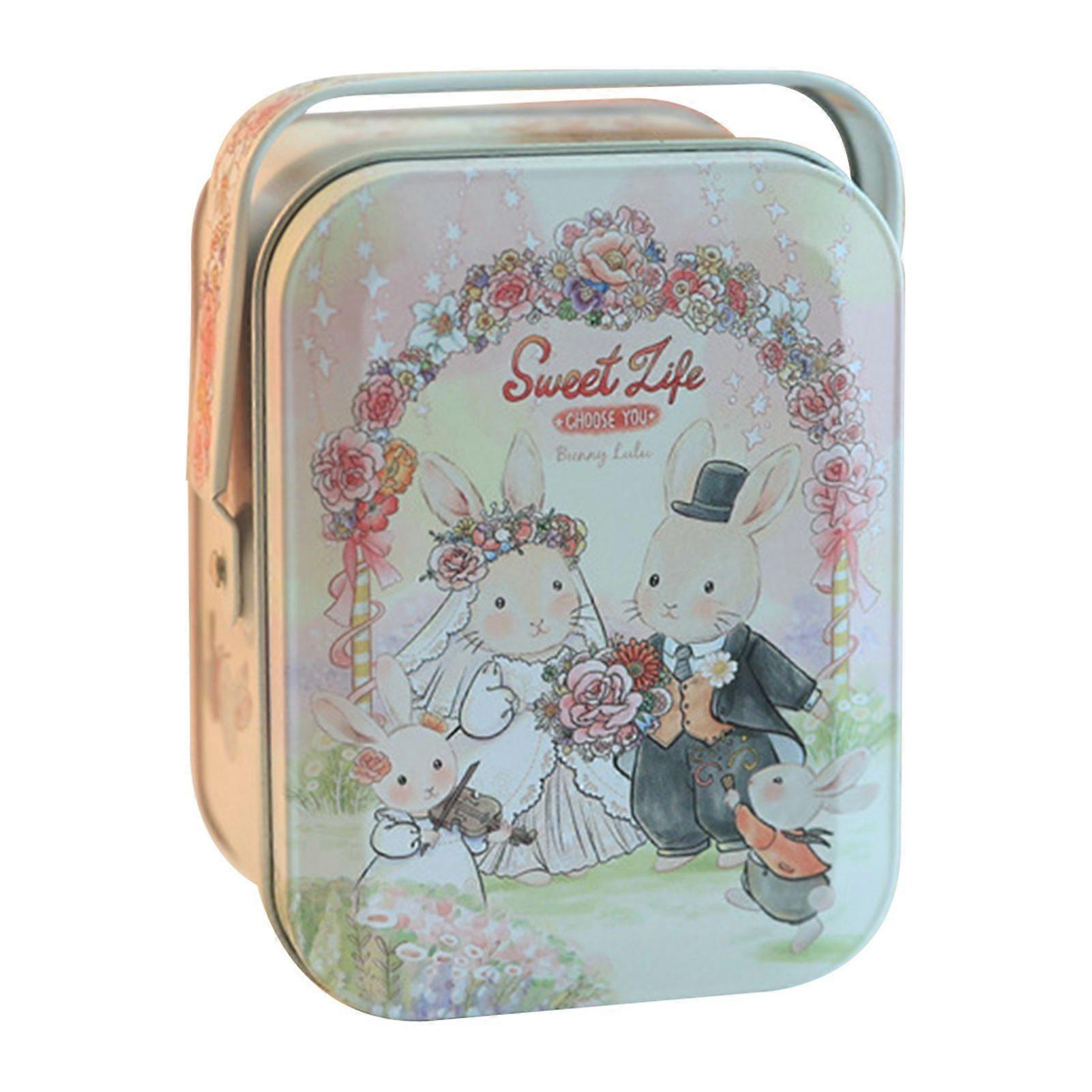 Rabbits Candies Tin Box with Handle Multi-Purpose Portable Biscuits Storage Box for Sweets Chocolate