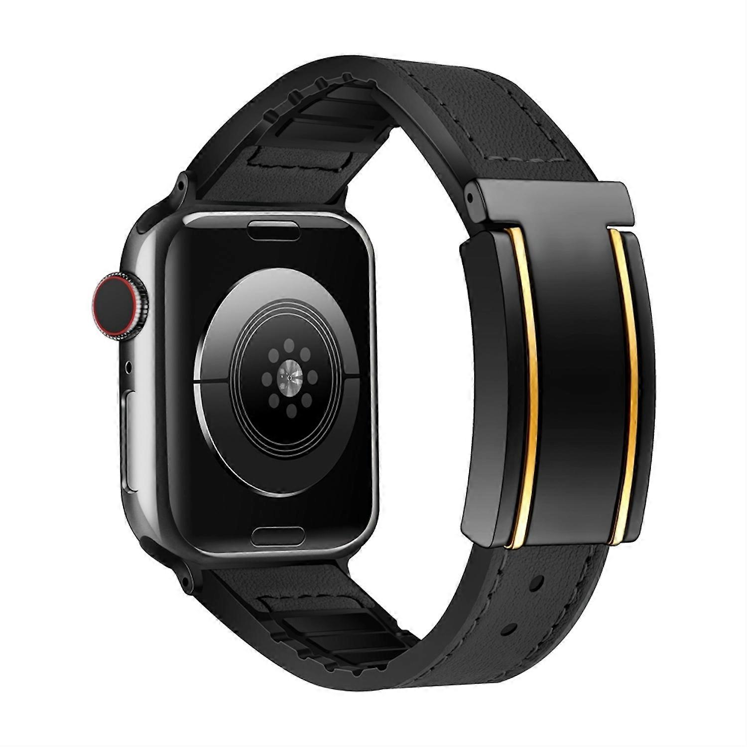 For Apple Watch SE 2023 44mm Faux Leather Magnetic Buckle Strap Black