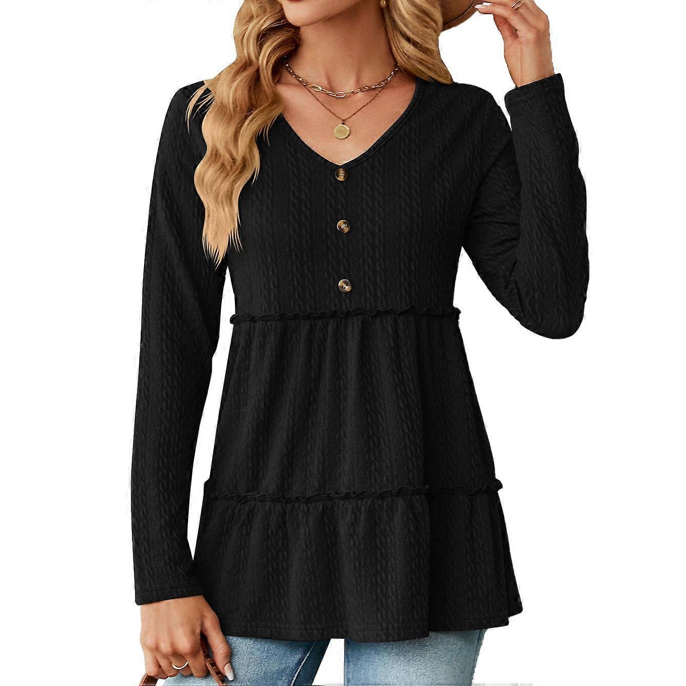 Spring and Autumn Women's Blouse V-neck Solid Color Button Patchwork Long Sleeve Loose Top