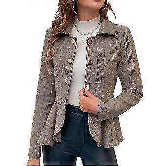 Women Suit Jacket Turn Down Collar Ruffle Hem Double Breasted Herringbone Dress Outwear Light Tan S