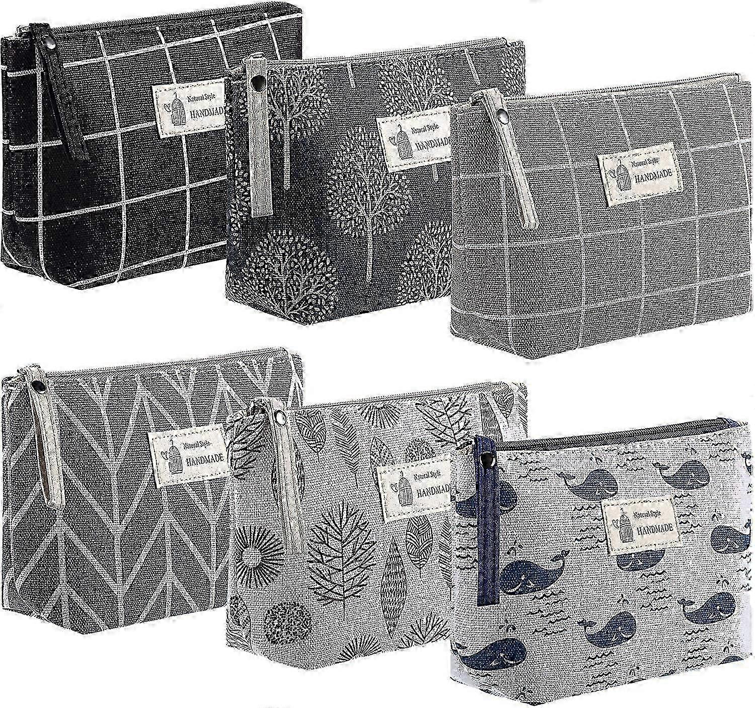 6pcs Canvas Cosmetic Bags Printed Zip-Up Canvas Toiletry Bag (Grid Style)