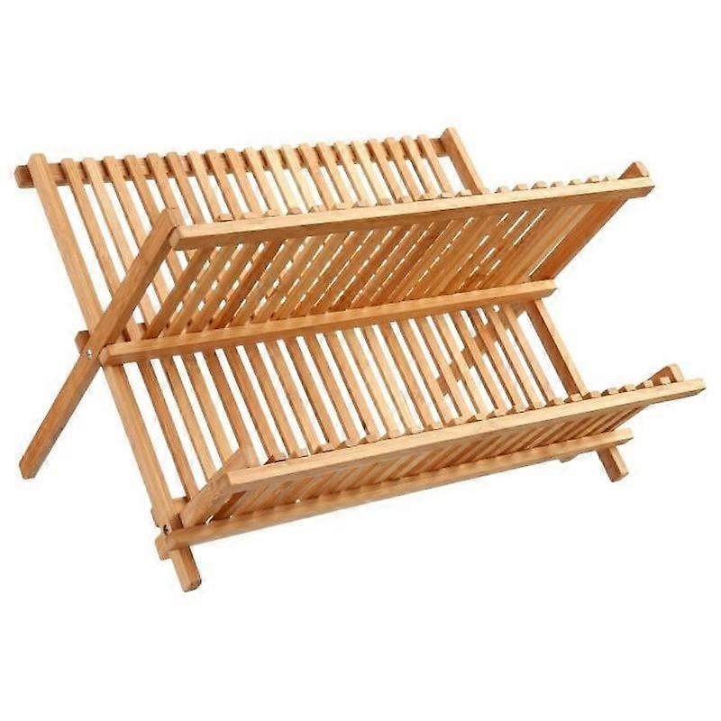 Marchelec Folding Dish Drainer with 2 Tier Bamboo Storage Rack for Kitchen