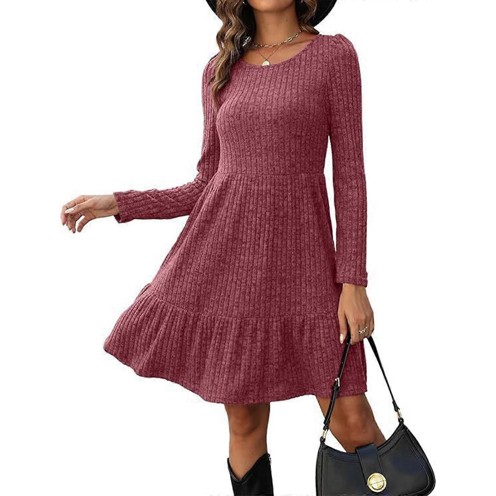 Women Winter Fall Casual Round Neck Ruffle Flared Swing Midi Dress Vintage  Ribbed Knit Long Sleeve A-Line Sweater Dress Burgundy XXL | Fruugo UK