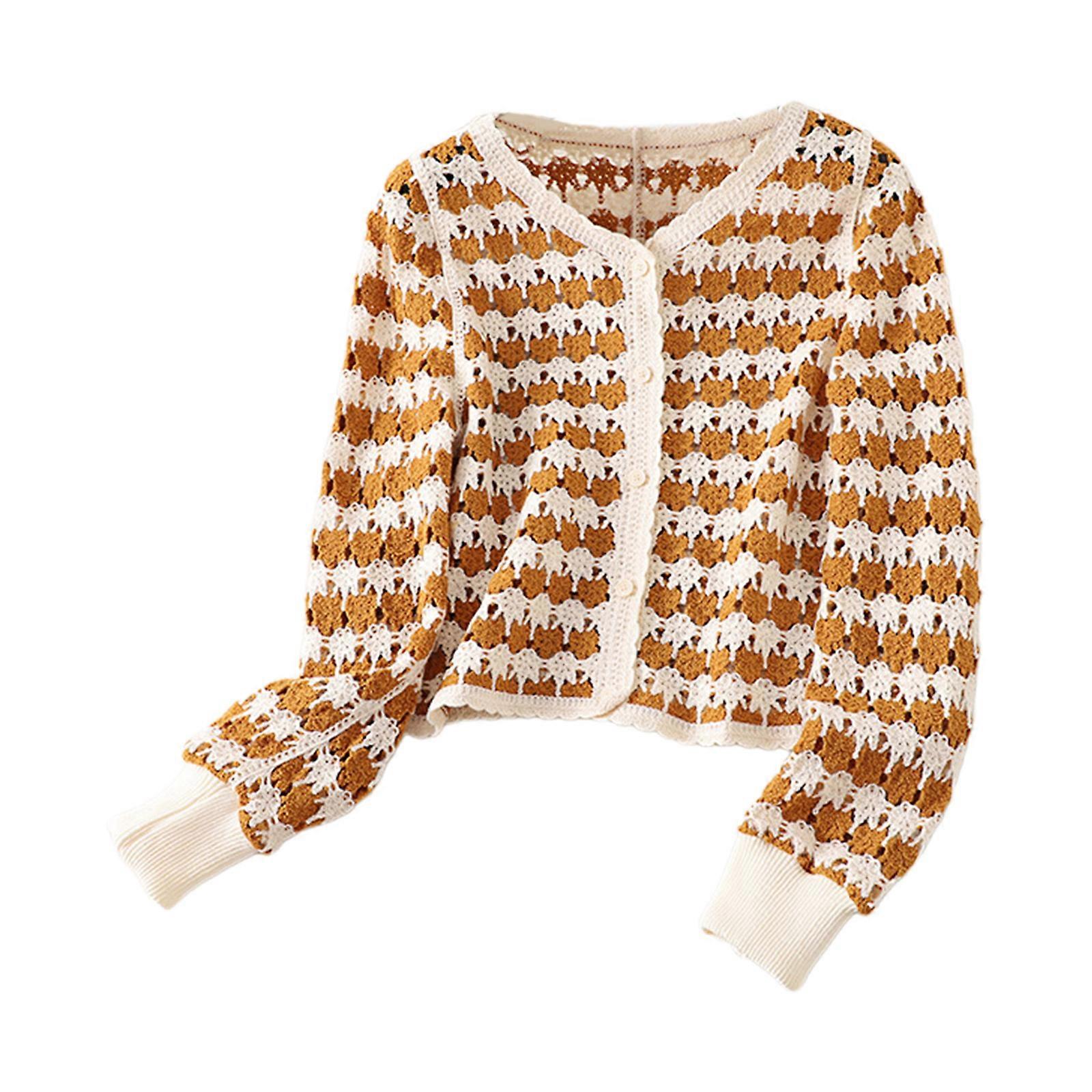 Dam Stickad Cardigan Långärmad Tunn tröja Kappa för jacka för sol för skydd V-hals Topp Lös färg Block Croc Orange En storlek