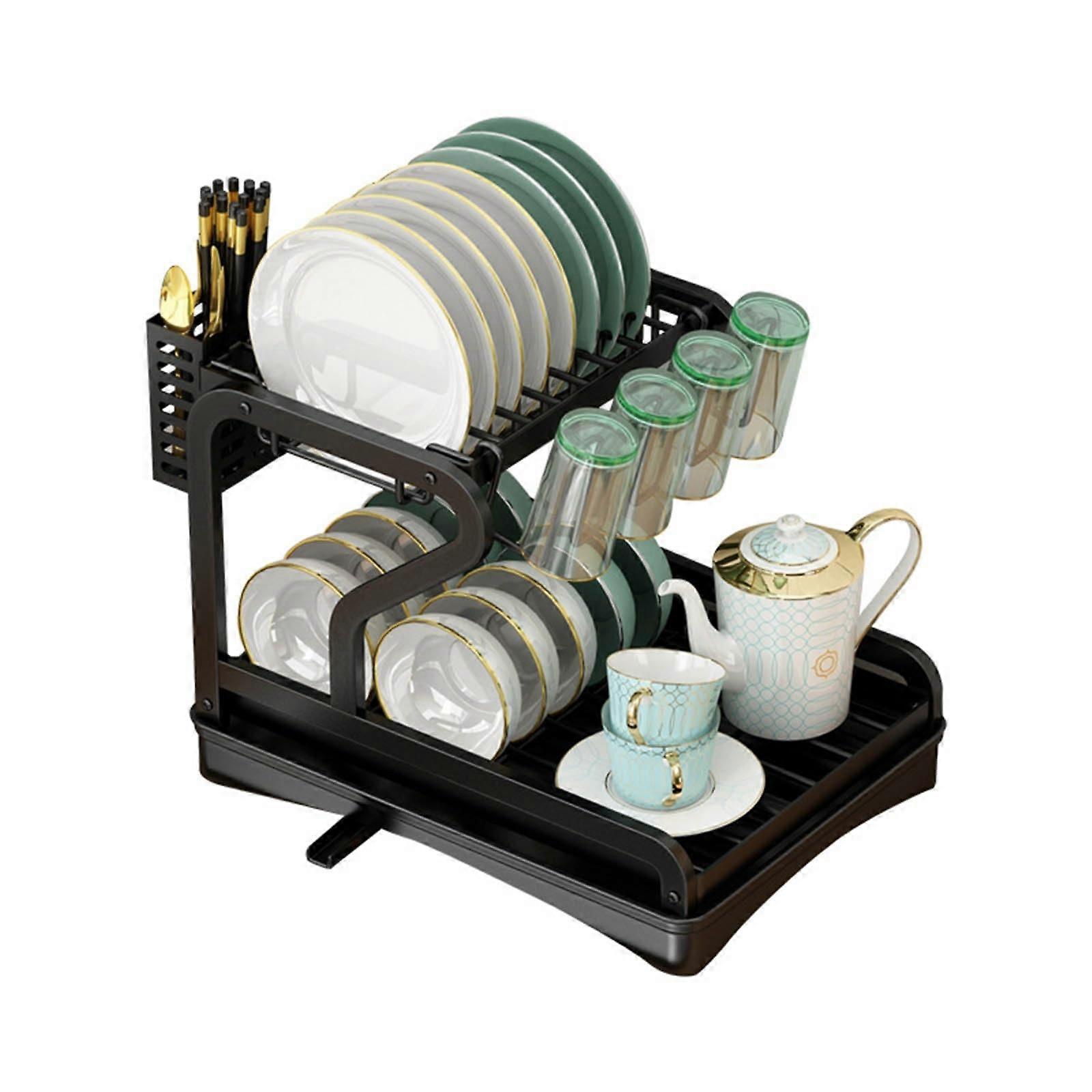 2 Tier Black Dish Drainer for Kitchen Countertop, Space-Saving, Durable Plastic, Compact Design, Easy to Clean