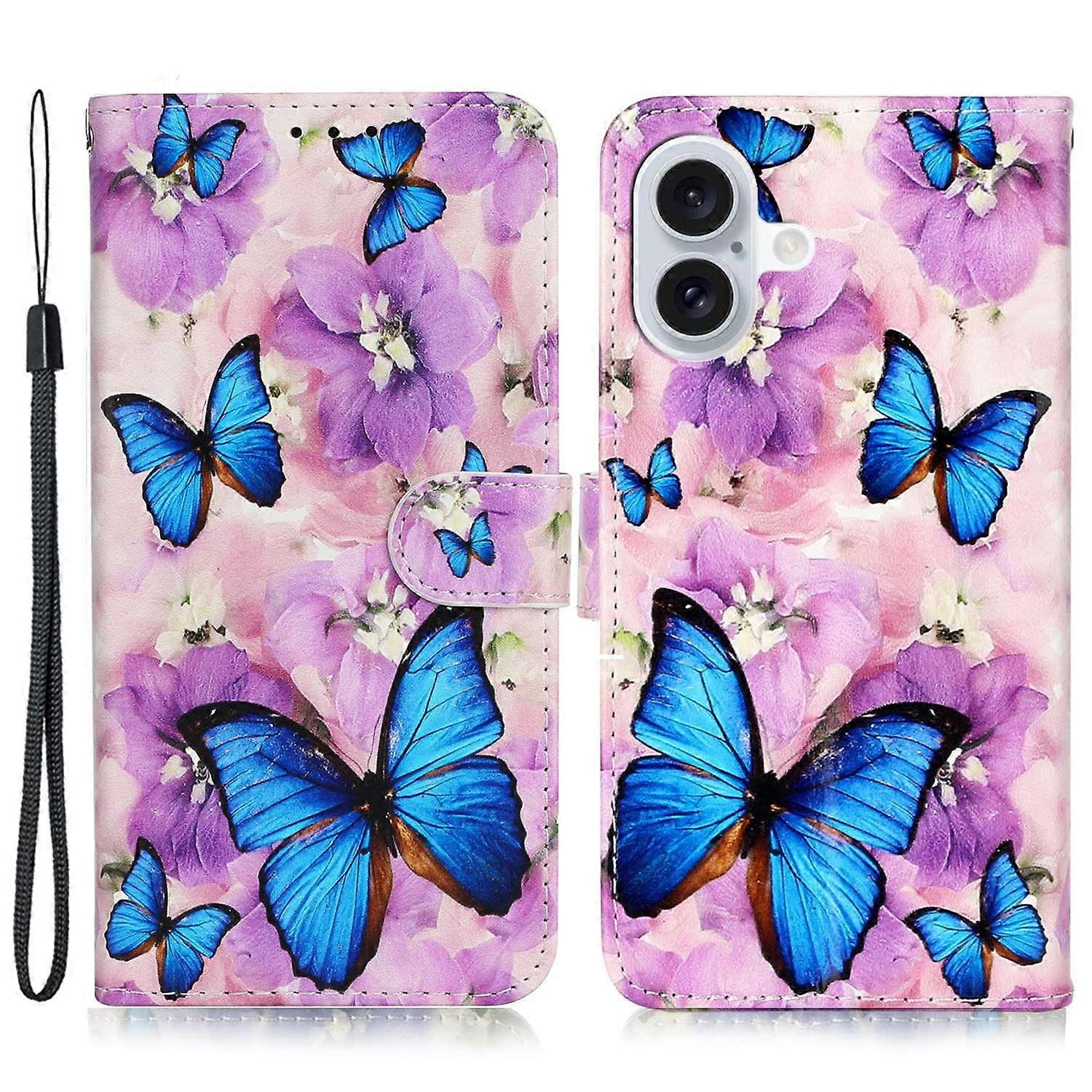 For iPhone 16 Plus Case Pattern Design Flip Leather Phone Cover with Strap