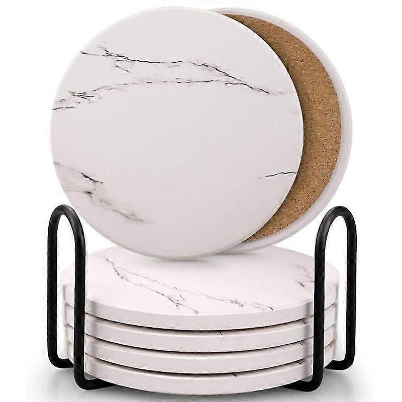 Coasters for Drinks, Ceramic Stone Coaster Set with Metal Holder Stand, Cork Base, Surface Pattern--White