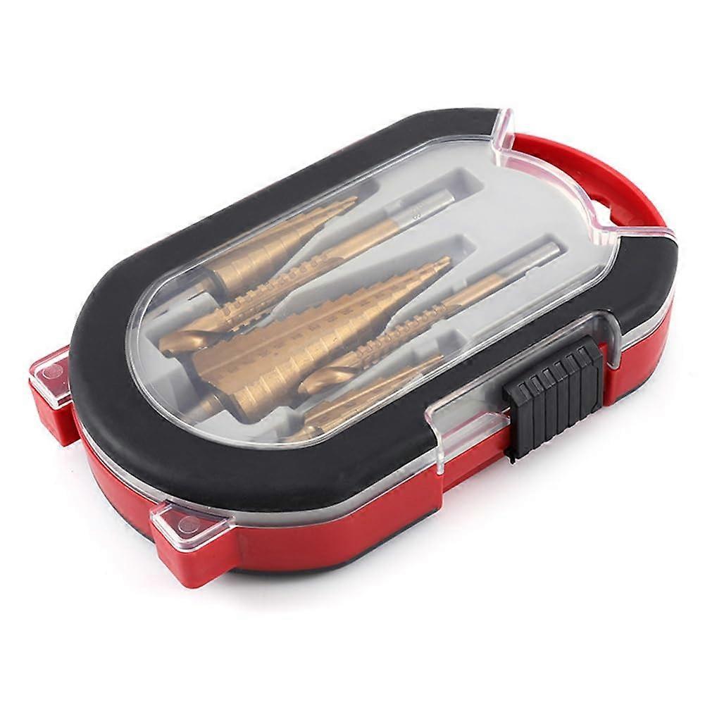 6part step drill bit set with wave grind, triangular shank, titanium alloy, coated, straight flute, serrated flute