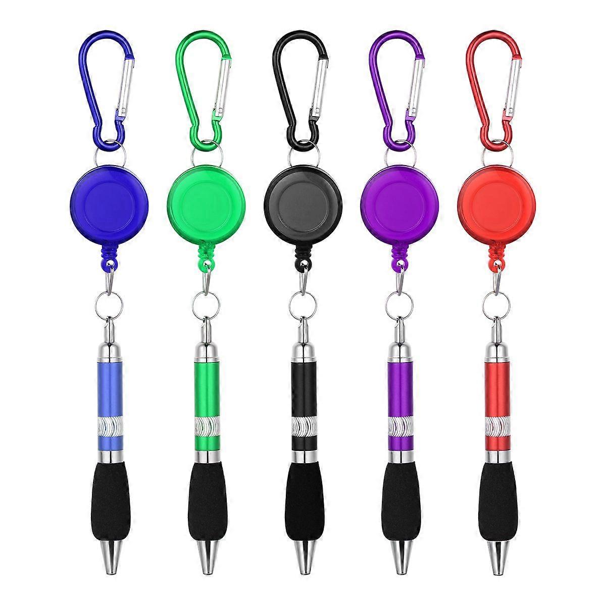 TinkSky 5PCS 3-in-1 Handy Retractable Badge Reel Pen with Belt Clip Keychain and Carabiner (Random Color and Blue Refill)