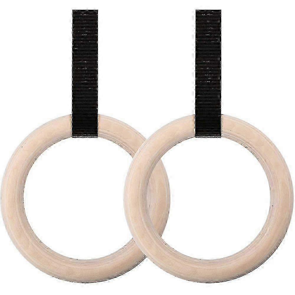 2X Træ Gymnastikringe med Justerbare Nylon Stropper 3cm