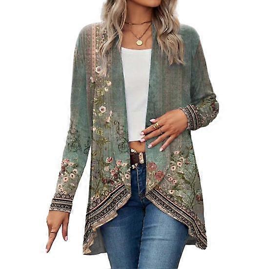 Women Fall Spring Coat Vinage Flower Print Open Stitch Long Sleeve Irregular Hem Loose Shawl Ethnic Style Mid Length Lady Cardigan Jacket Shawl