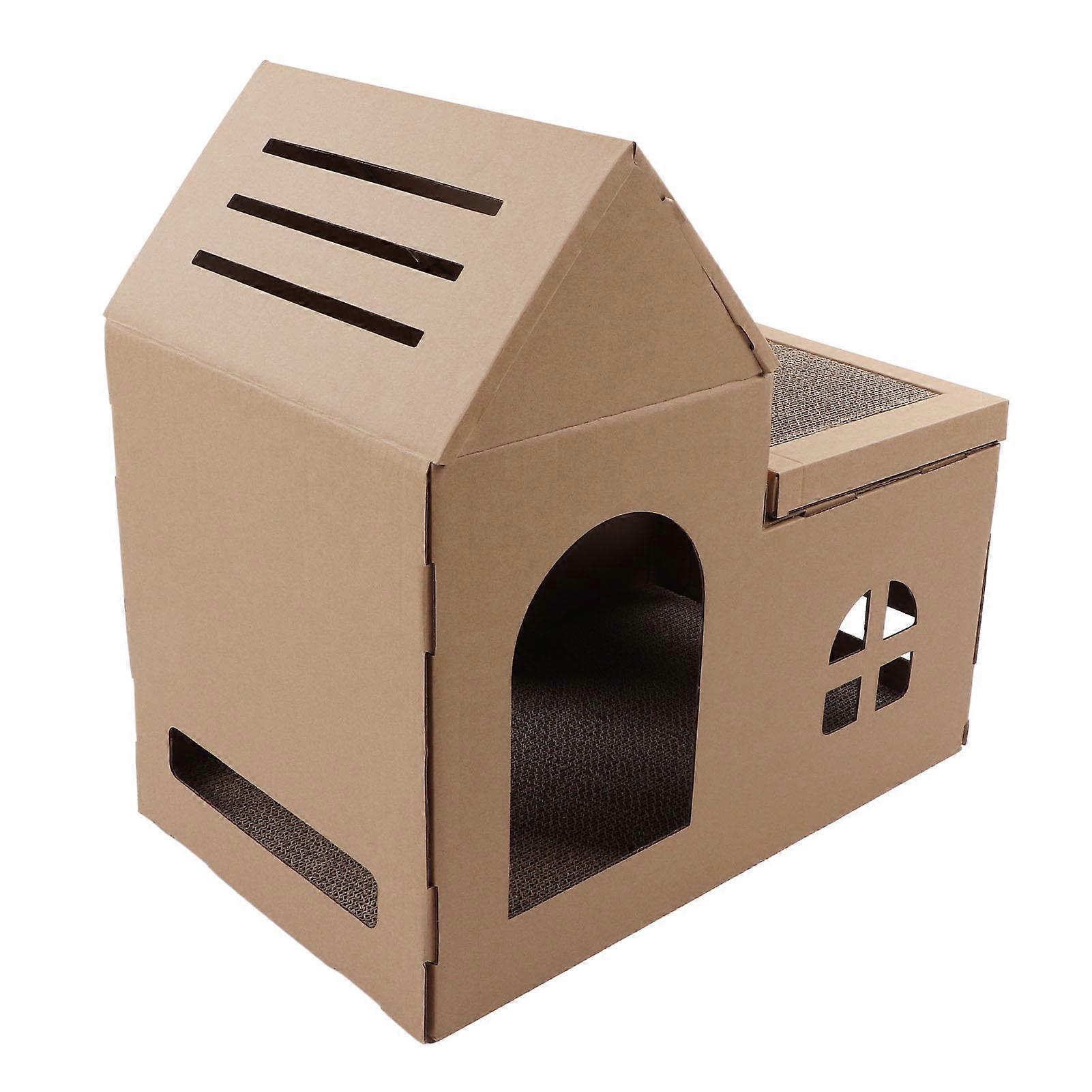 Cardboard Cat House Double Layers Large Space Window Roof Corrugated Cat Scratcher Box House 