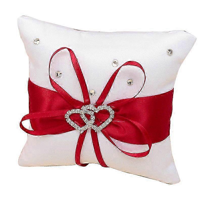 Wedding Ring Pillow with Satin Ribbons in Red and White, 10 cm x 10 cm