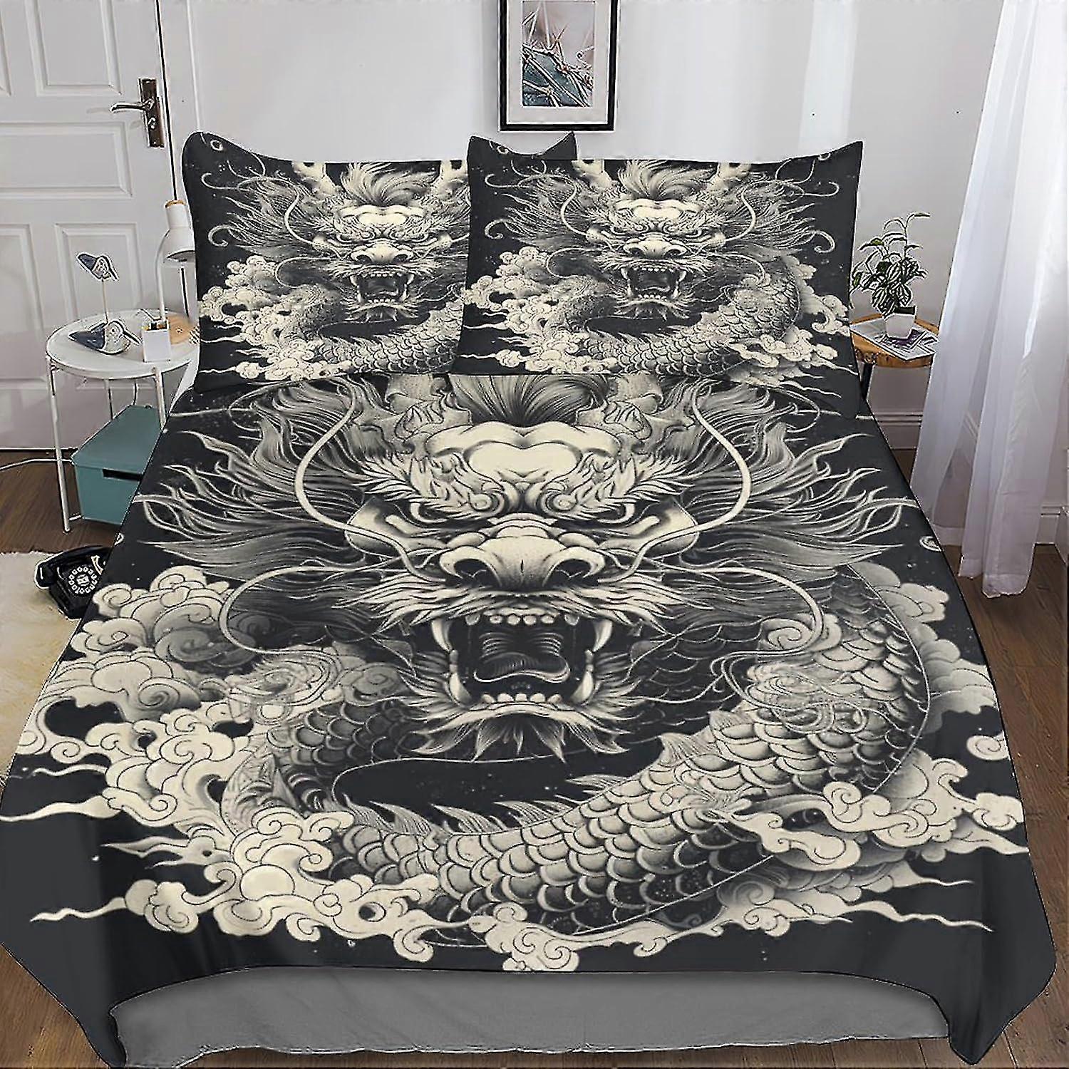 Trendy Chinese Dragon Quilt Cover Set with Hidden Zipper Closure - Stylish Microfiber Animals Bedding, 3-Piece Set with Pillow