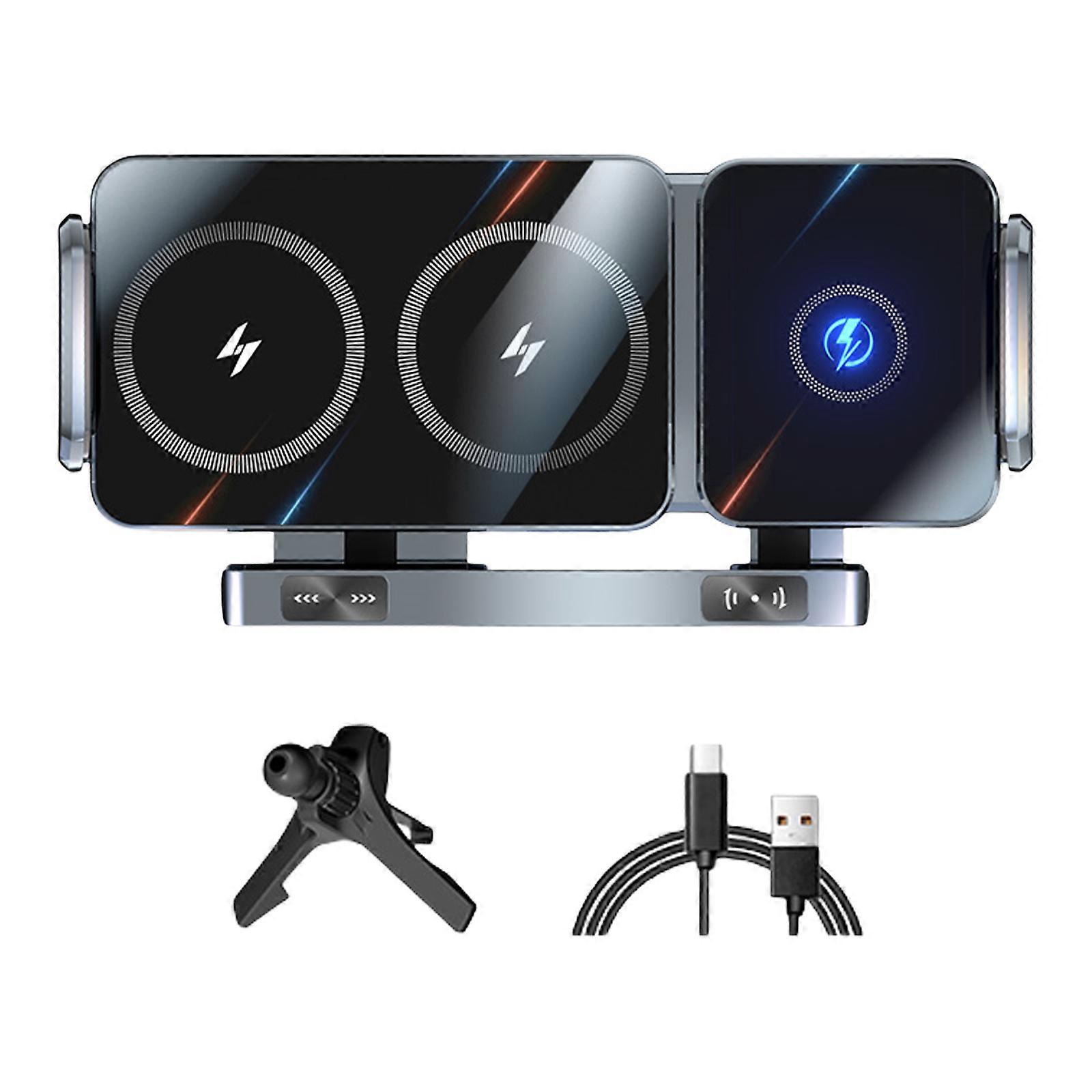 360 Rotation Magnetic Car Mount Wireless 15W Fast Charging Foldable Design Universal With Auto Clamping For Smartphones grey