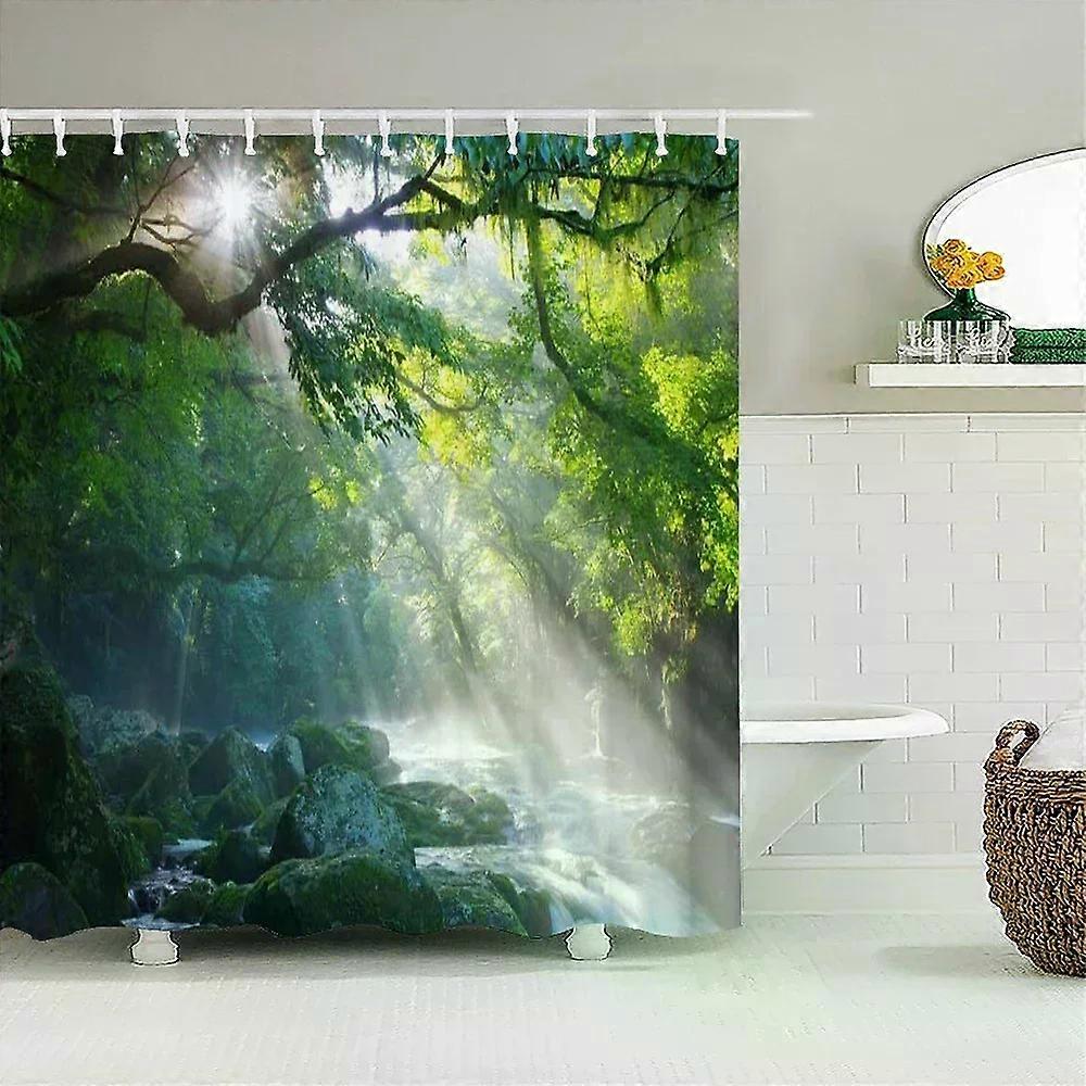Forest Natural Landscape Shower Curtains 3D Print Polyester Washable Fabric with Hooks Home Decorative Screen，W180xH240cm