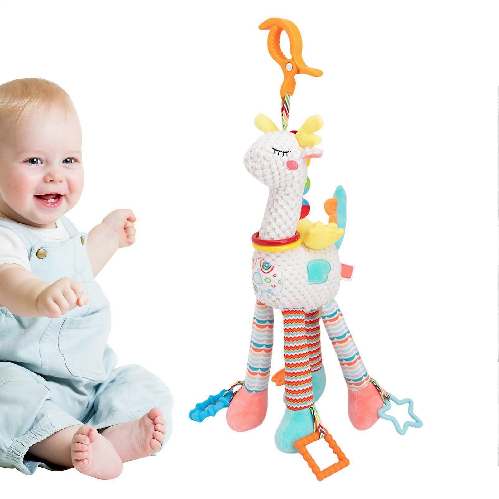 Baby Rattle Soft Plush Toy For Stroller And Travel, Wind Chime, Crinkle Rattle, Sensory Textures, Unisex White