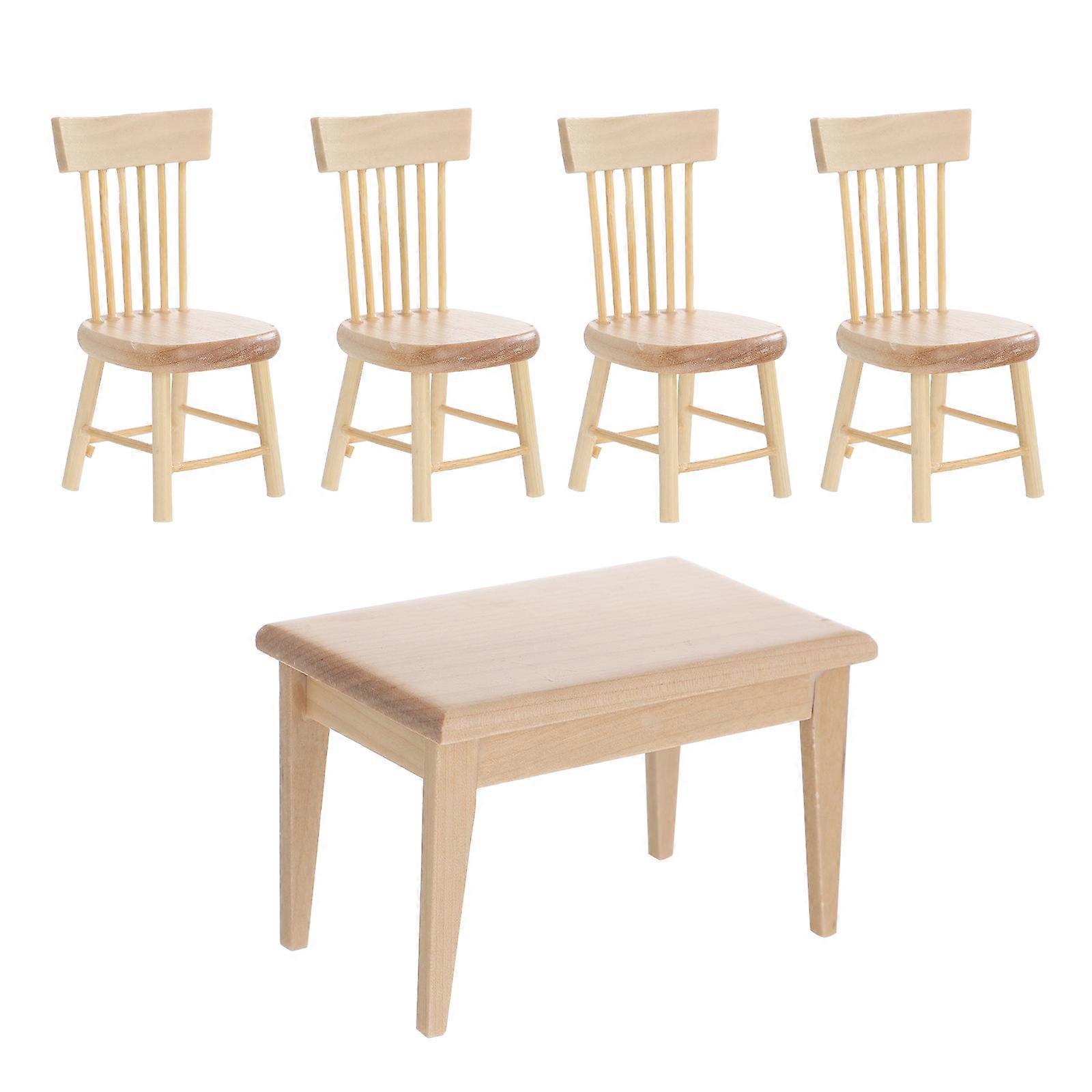 Mini Dollhouse Furniture Set Miniature Things Table Chair Model Small Size Oak Material For Collectors 5Pcs