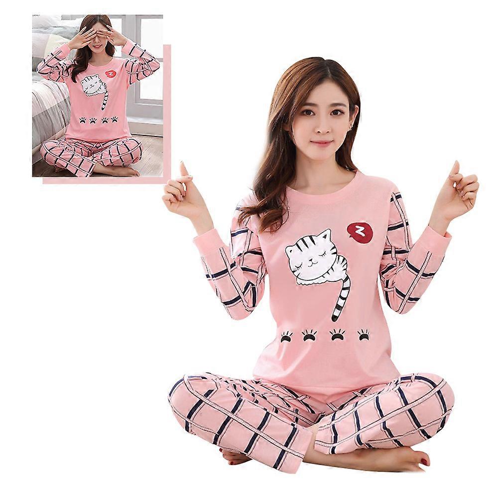Fall Pajamas For Women Tracksuit Cartoon Cat Pattern Round Neck Long Sleeve Loungewear Set Pink Size L 2Pcs