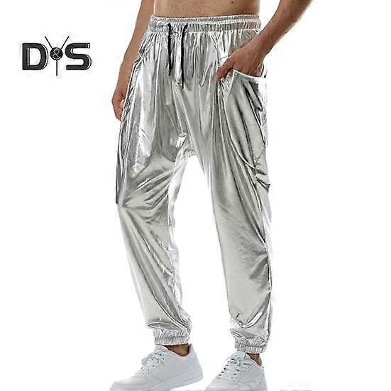 Men Pants Drawstring Elastic Waist Glossy Surface Loose Soft Breathable Side Pockets Pleated Solid Color Harem Pants Casual Daily Long Jogging