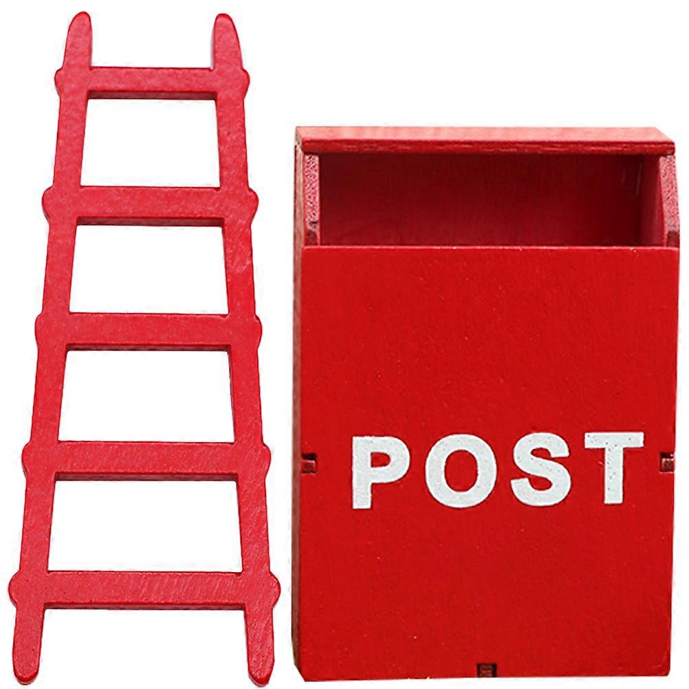 Red Mini House Mailbox and Ladder Model Kit Wooden Decor for Kids Creativity and Imagination