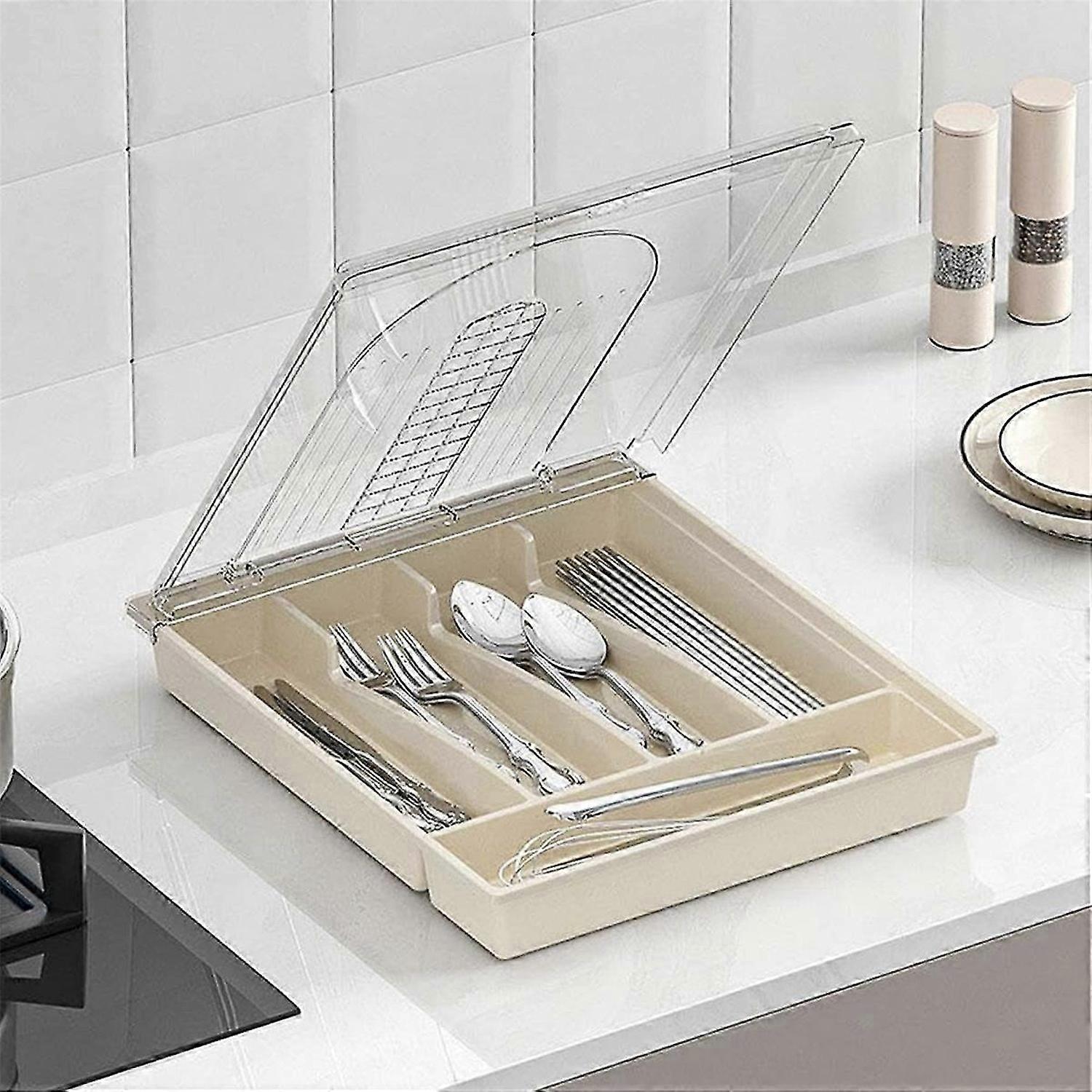 Organizer with Lid,Plastic Cutlery and Flatware Storage Box, D
