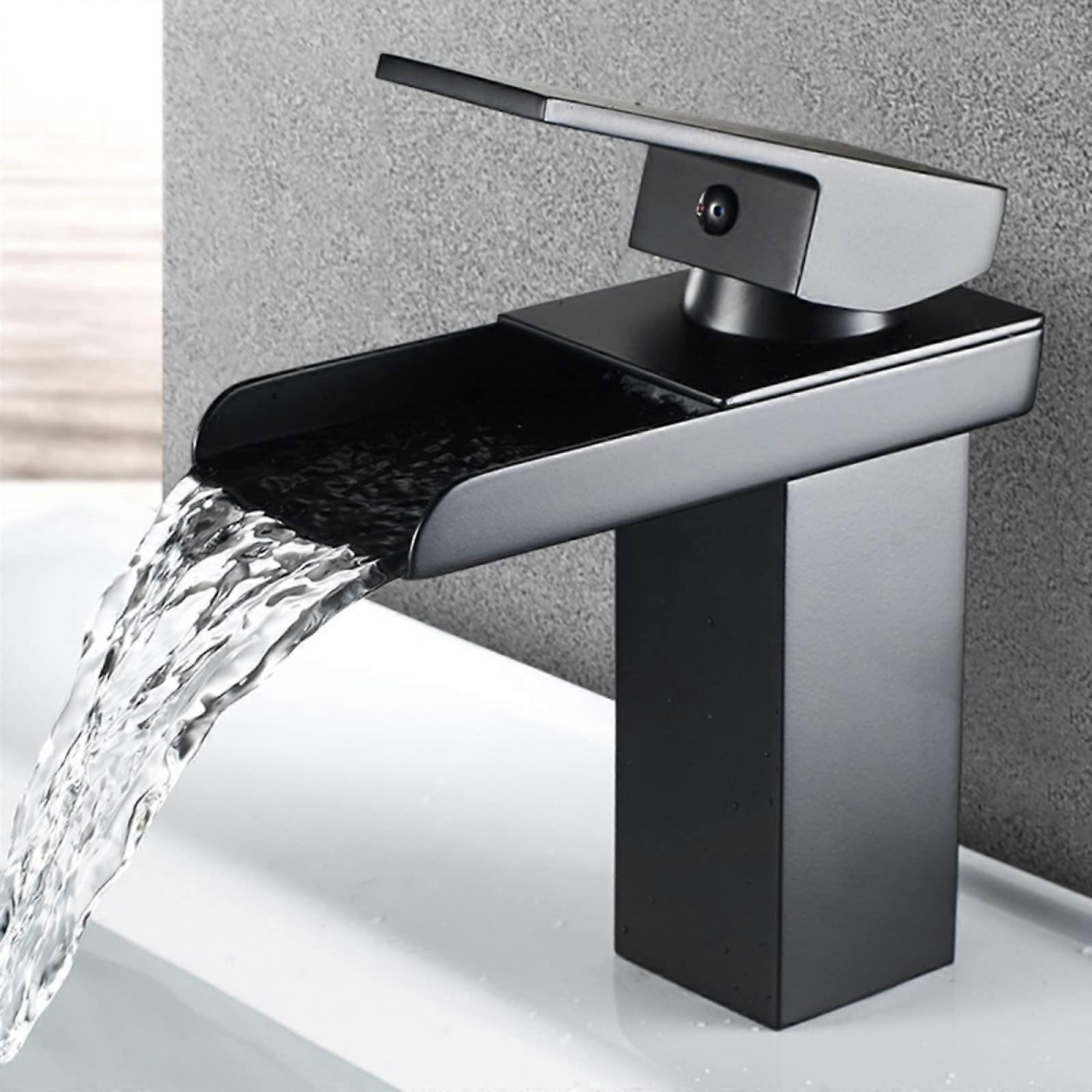 Waterfall Bathroom Sink Black, Stainless Steel Lavatory Faucet With Waterfall Spout, Single Handle Hot And Cold, Model B