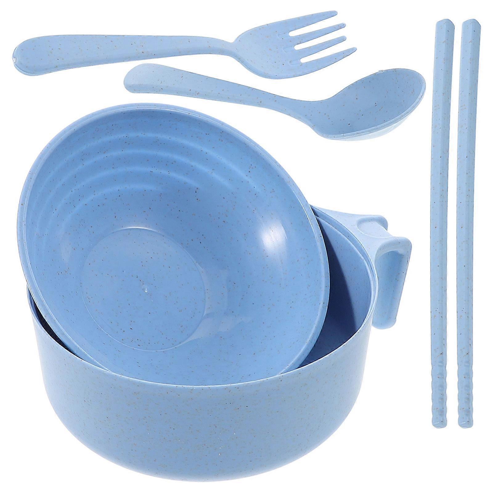 Sky-Blue Ramen Noodle Bowl Set for Office Use and Dormitory Use Made from Straw with Lid and Utensil 1Set
