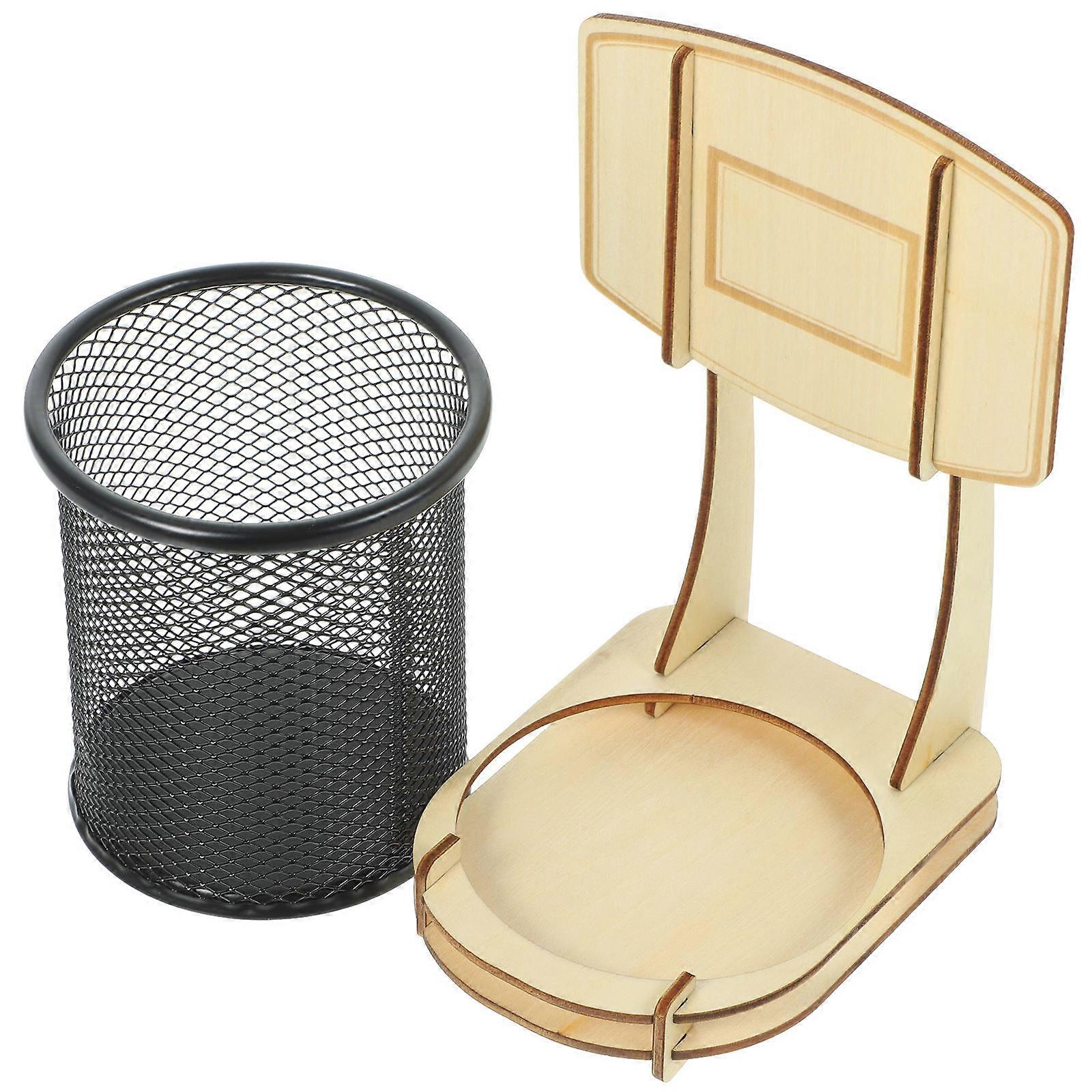 4Pcs Office Pen Holder Wooden Basketball Stand Multi-Function Container