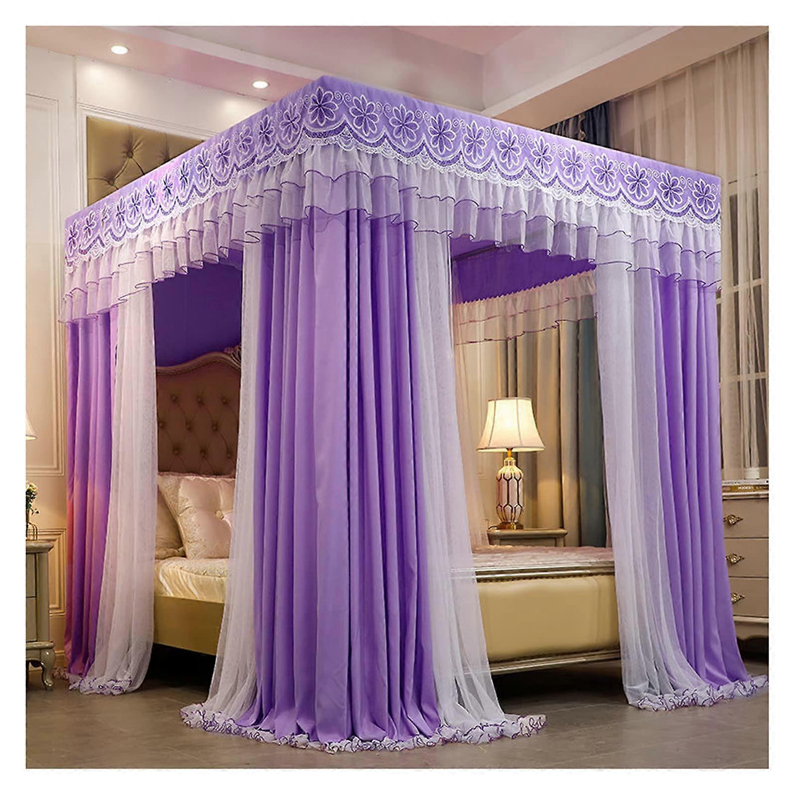Mosquito Net 4 Corner Post Canopy, Double Layer Embroidery Lace, Blackout Curtains For Double Bed, Size 1.5x2m, Purple