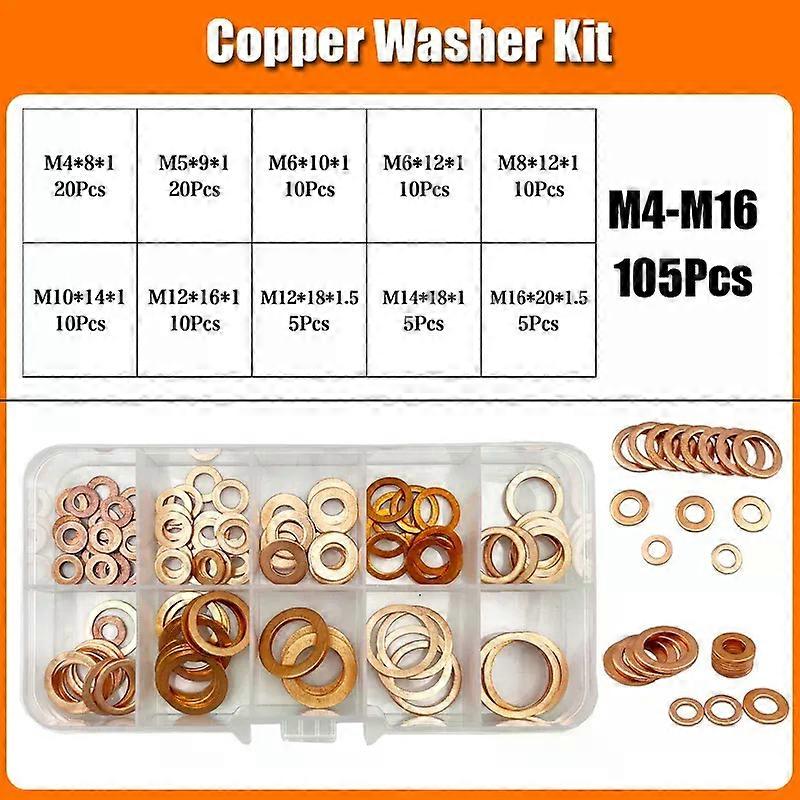 280Pcs Copper Washer Gasket Nut and Bolt Set Flat Ring Seal Assortment Kit with Box M5 M6 M8 M10 M12 M14 M16 M20  for Sump Plugs
