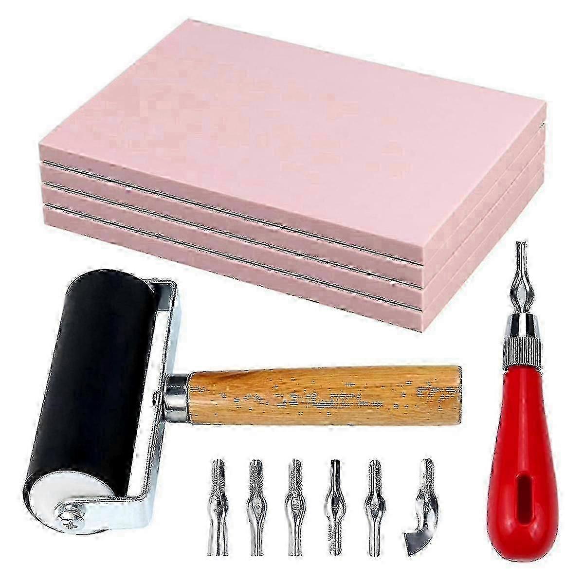 4 Pack Rubber Block Stamp Carving Blocks with Cutter Tools and Rubber Brayer Roller for Printmaking and More Crafts