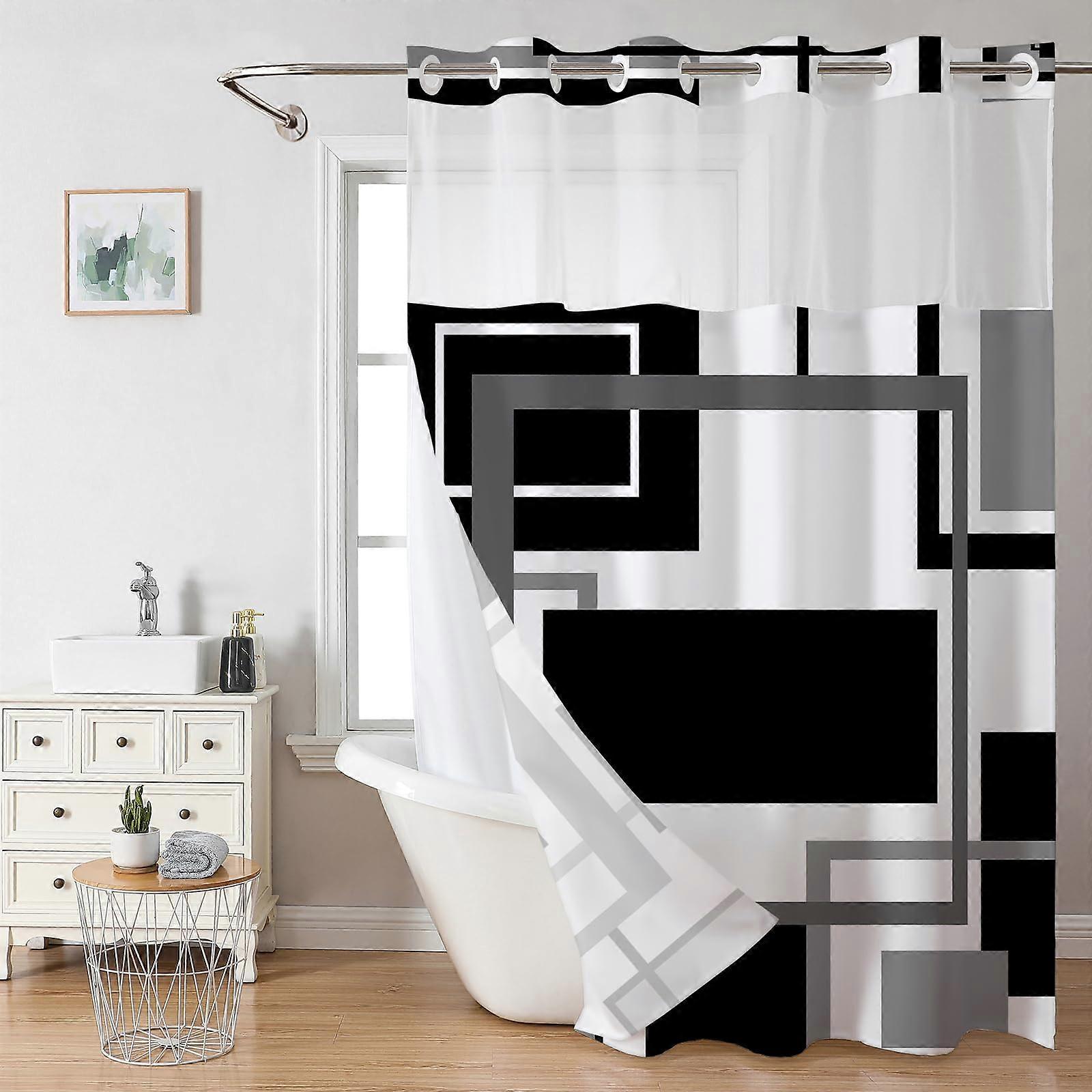 Black Geometric Hookless Shower Curtain with SnapIn Liner Waterproof Polyester 72x75 Inch