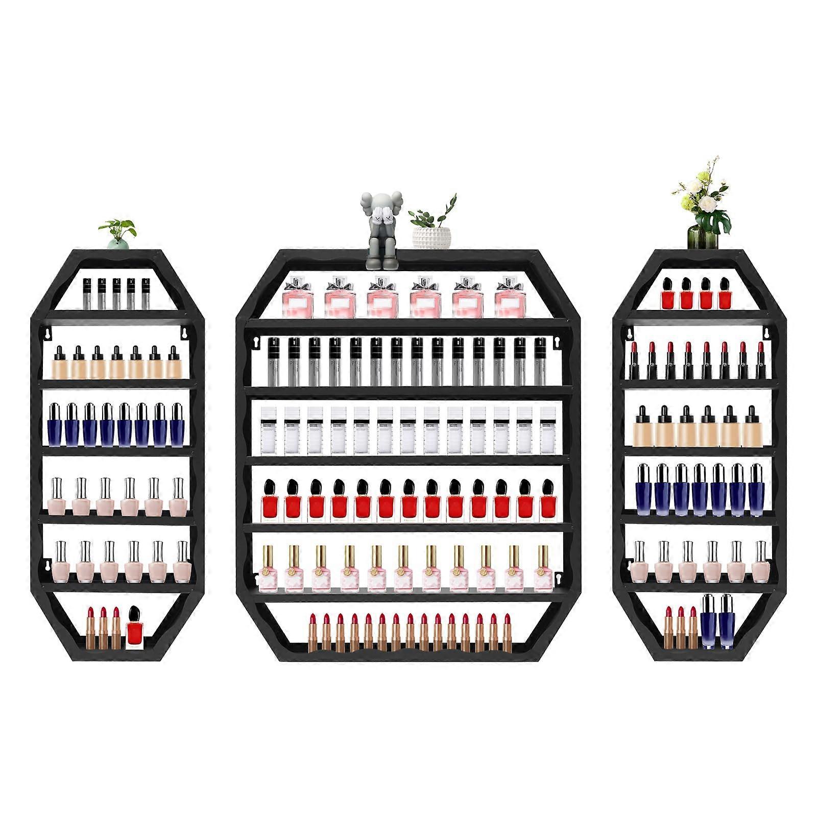 5 Tier Wall Mounted Nail Polish Display Rack with Octagonal Metal Shelves for Salon and Home Storage, Black