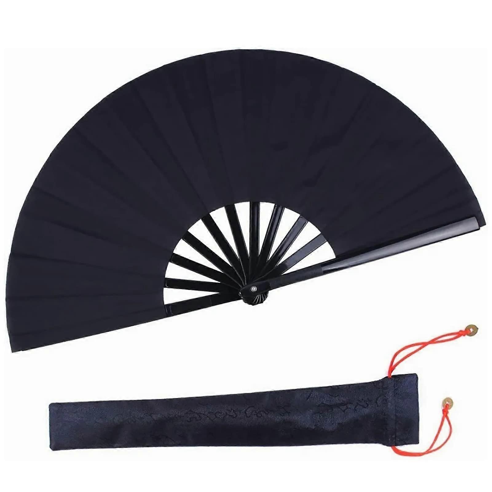 Black Kung Fu Folding Fan with Distinctive Opening Sound for Stage Performance Cosplay and Parties