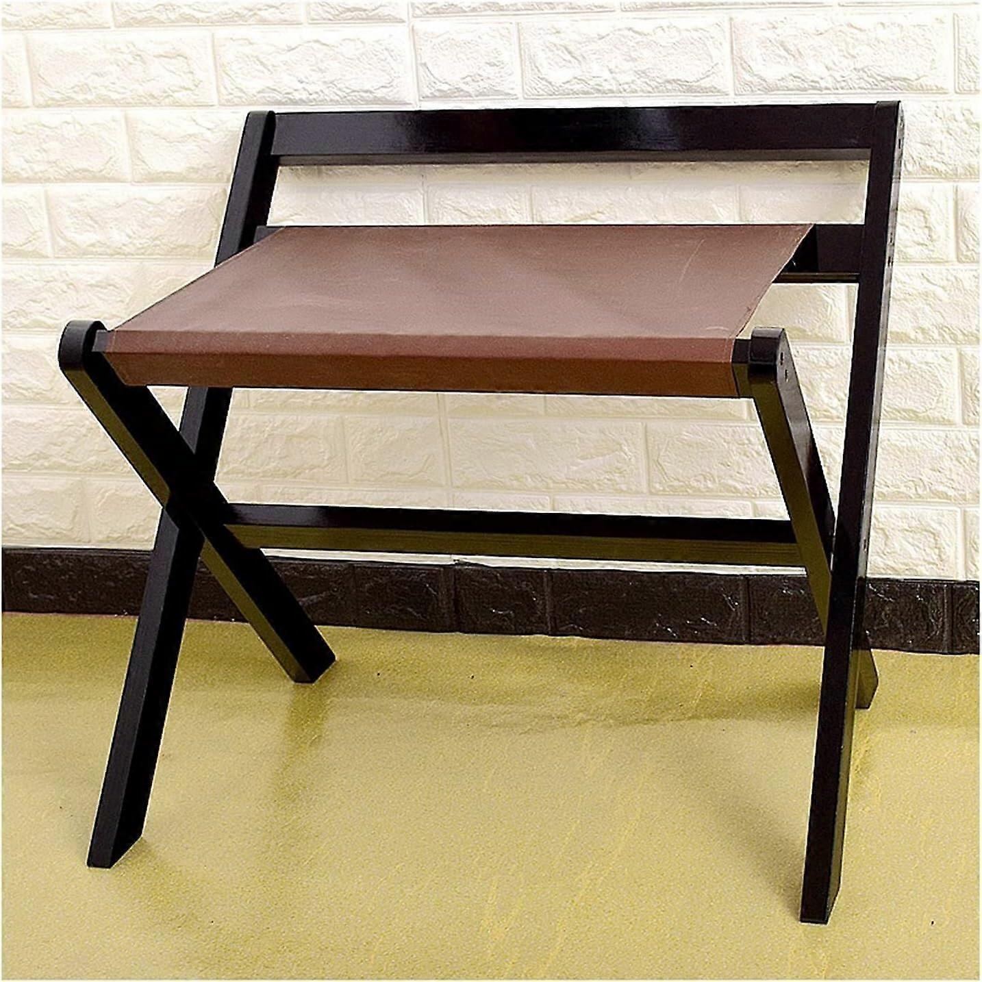 Wooden Folding Luggage Rack with Shelf, Solid Pine Frame, Nylon Straps, No Assembly Required