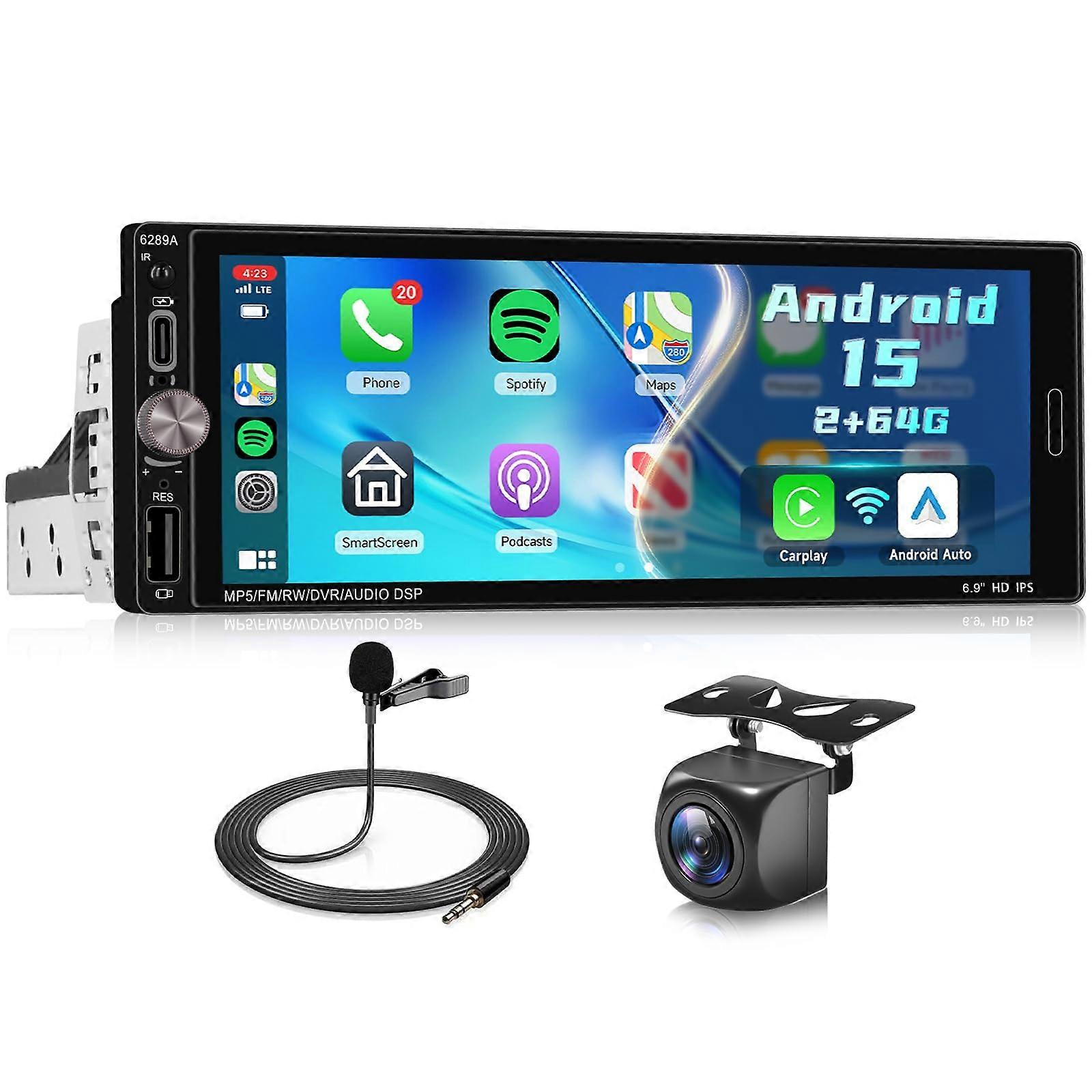 6.9 Inch Single Din Android 15 Car Stereo with Wireless CarPlay Android Auto DSP Backup Camera
