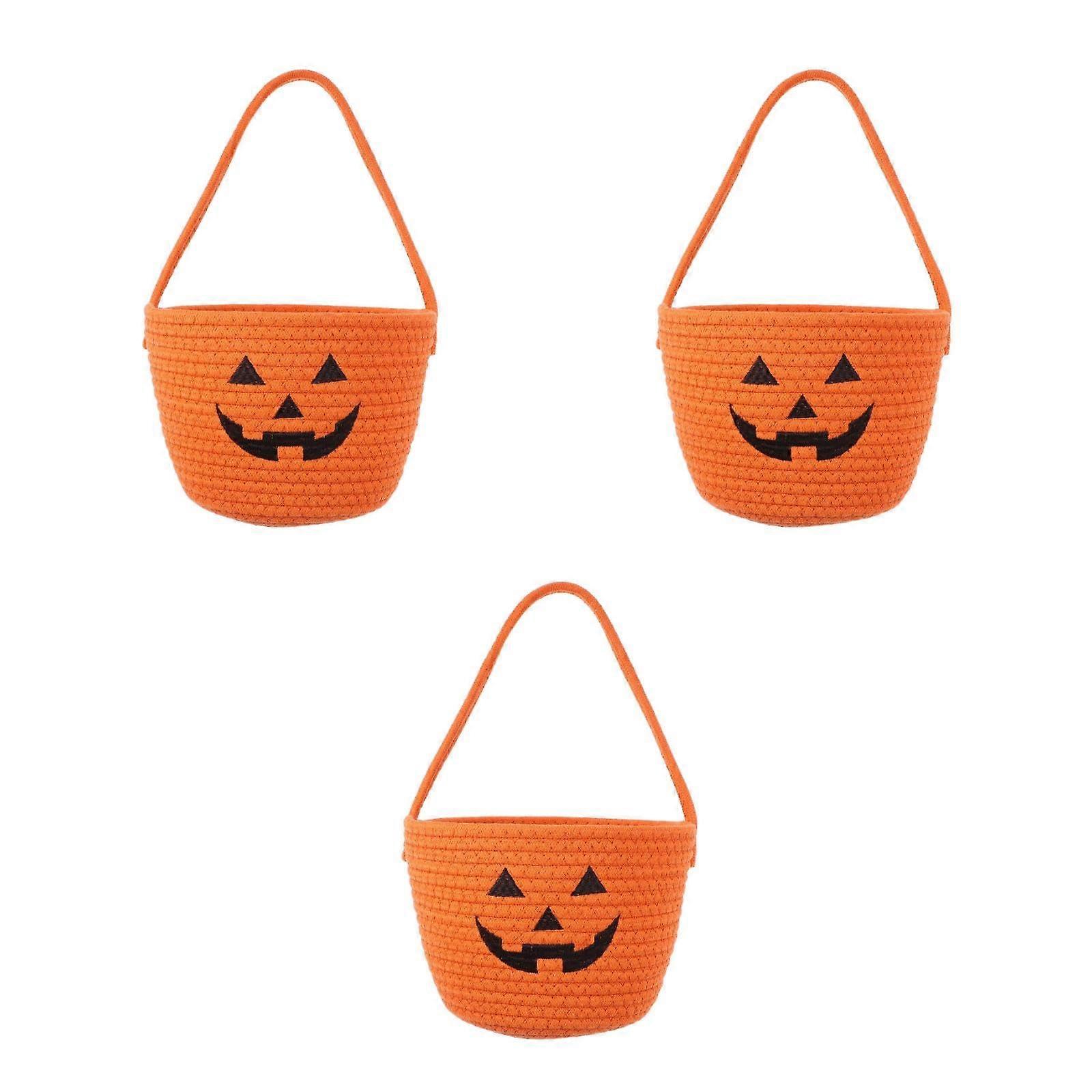 3pcs Large Halloween Pumpkin Candy Bucket with Handle, Reusable Cotton Rope Tote for Kids