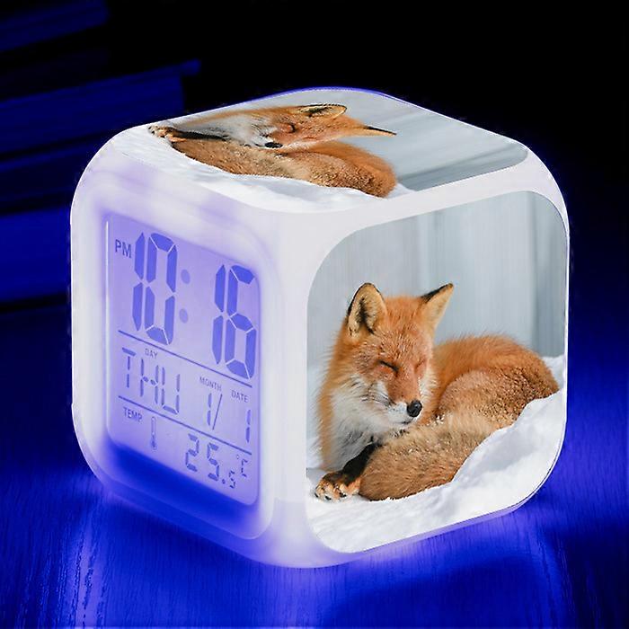 Cute animal red fox decorative alarm clock LED seven-color changing desktop square clock creative electronic clock