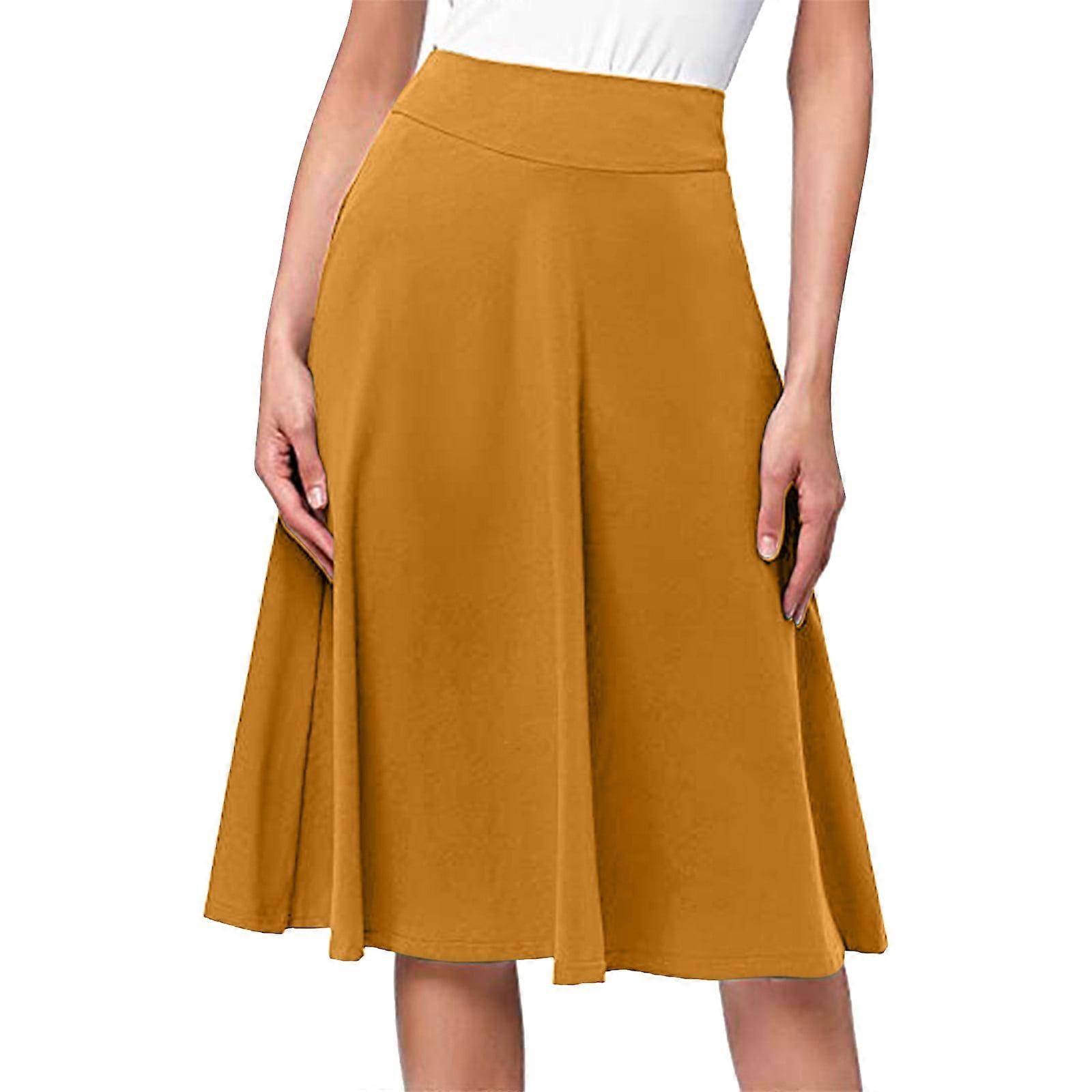 Simple Comfy Basic Solid Color Stretch A Line Flared Knee Length Skirt (Yellow,L)
